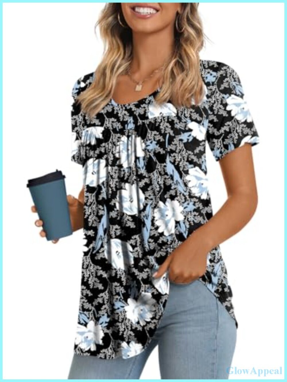 Womens Tunic Top Short Sleeve Pleated Front Round Neck Casual Tee Blouse